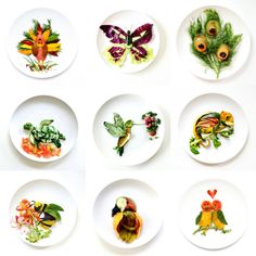 six plates with different designs on them are arranged in the shape of birds and flowers