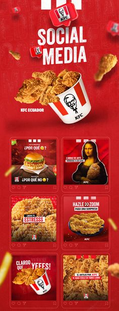 the menu for social media is shown in red and white, with an image of fried food