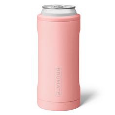 a pink insulated drink bottle with the words brumale on it and a white lid