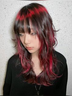 Dyed Hair Ideas For Brown Hair, Black And Orange Peekaboo Hair, Layer Dyed Hair, White And Black Hairstyle, Color Block Hair Ideas Bangs, Red And Brown Dyed Hair, Black Hair With Red Streaks Short, Dyed Underside Of Hair, Black And Red Emo Hair