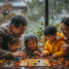 a family playing board game in the rain