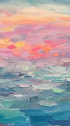 an abstract painting of the ocean with pink, blue and yellow clouds in the background