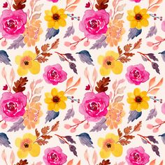 watercolor flowers and leaves on a white background with pink, yellow and orange colors