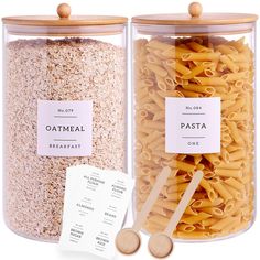 two glass containers filled with pasta next to each other