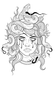 a drawing of a woman's face with a snake on her head and eyes