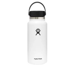 the hydro flask water bottle is white and has a black lid with a logo on it