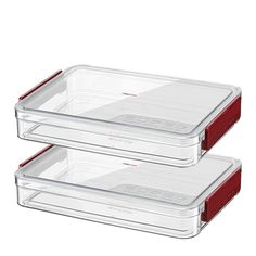 three plastic storage containers with red lids