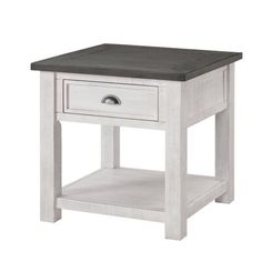 an end table with a drawer on one side and a shelf on the other side