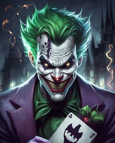 the joker is holding a card in his hand