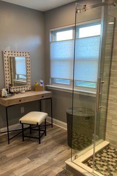 the bathroom is clean and ready to be used as a dressing room or office area