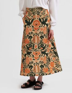 Floral Print Flared Skirt For Workwear, Luxury Printed Long Skirt, Voluminous Floral Print Full Maxi Skirt, Split Hem Floral Jacquard Skirt, Spring Floral Print Voluminous Skirt, Elegant Voluminous Floral Print Skirt, Forest Print, Silk Shirt, Long Skirt