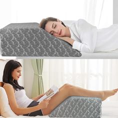 a woman laying on top of a bed while reading a book