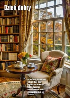 there is a chair in front of a window with bookshelves on the wall