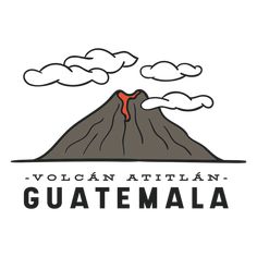 a volcano with clouds and the word guatemala written in red on it's side