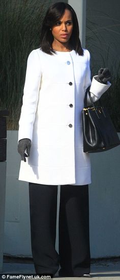 Kerry Washington Style, White Winter Coat, Corporate Wear