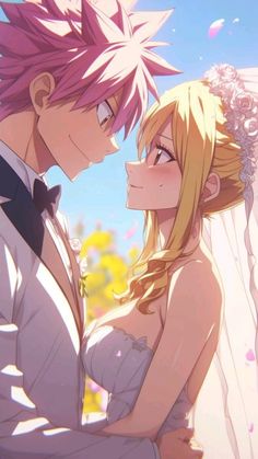 two anime characters are hugging each other in front of the sky with flowers on it