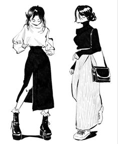 two women standing next to each other with their hands in their pockets and one holding a purse