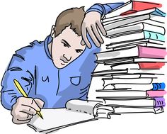 a man sitting at a table with stacks of books and writing on a piece of paper