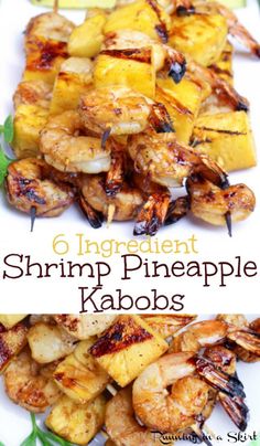 grilled shrimp and pineapple kabobs on a white plate with text overlay