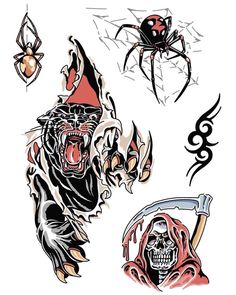 some tattoos that are on the back of a white sheet with black and red designs