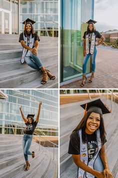 a woman in graduation cap and gown sitting on steps with her hand up to the sky