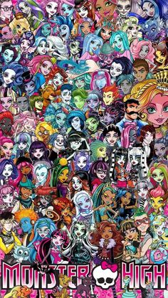 the poster for monster high is full of cartoon characters and their names in pink, blue,