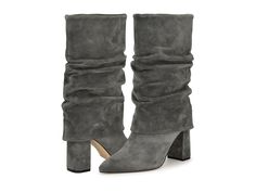 Nine West Francis - Women's Boots : Dark Grey Suede : Step into style with the Nine West Francis boots. These calf-high boots are crafted to make a statement with their fashion-forward details. Featuring a block heel, they provide both height and elegance, while the fabric ruching adds a trendy and distinctive touch. The fashionable pointy toe completes the chic design, making these boots a versatile choice for various occasions. Suede or faux suede upper. Textile or man-made lining with a comfy Calf High Boots, Grey Boots, Grey Suede, Color Analysis, Synthetic Rubber, Gray Suede, The Chic, Suede Boots, Chic Design