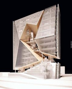 an architectural model of a building with stairs and trees on the outside, against a black background