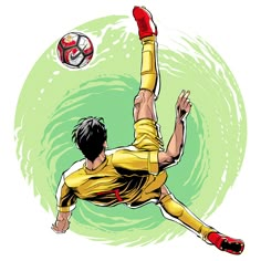 a soccer player is kicking the ball in mid air with his legs spread out to catch it