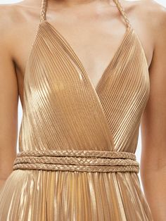 Fortuny Pleats, Chiffon Wrap Dress, Plisse Dress, Gold Maxi Dress, Natural Essence, Chiffon Wrap, Strapless Maxi, Braided Belt, Pleated Maxi Dress