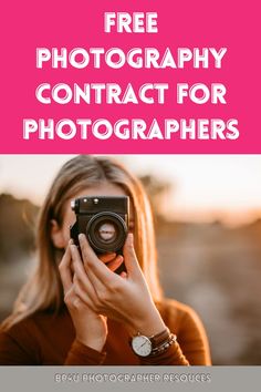 a woman holding up a camera with the text free photography contact for photographers on it