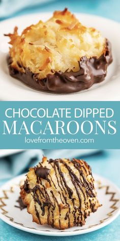 chocolate dipped macaroons on a white plate with text overlay that reads, chocolate dipped macaroons