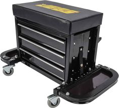 a black toolbox with drawers and wheels on the front is shown in this image