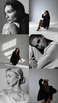 four different photos of women in black and white, with one woman sitting on the floor