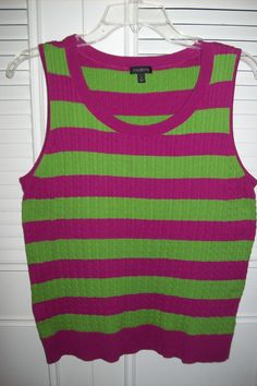 "Vintage Talbot's tank top for spring in hot pink and lime. Size large! Bust measures 40\", (stretchy ribbed cable knitted cotton) No flaws of any kind. Stored with TLC Comes from a smoke-free home." Casual Fitted Lime Green Top, Fitted Lime Green Casual Top, Green Stretch Tank Vest, Fitted Green Vest Top, Green Vest Top For Spring, Spring Green Crew Neck Tank Top, Green Crew Neck Vest For Summer, Lime Green Sleeveless Top For Spring, Lime Green Sleeveless Casual Top