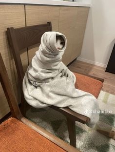 a cat wrapped in a blanket sitting on a chair