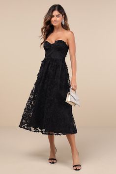 Black Floral Embroidered Dress - Strapless Dress - Midi Dress - Lulus Petite Cocktail Dresses, Casual Formal Dresses, Dresses Wedding Guest, Strapless Prom Dresses, Evening Dresses Cocktail, Casual Wedding Dress, Floral Embroidered Dress, Strapless Midi Dress, Darling Dress