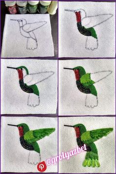 four pictures of different types of embroidered hummingbird designs on white towels with green and red accents