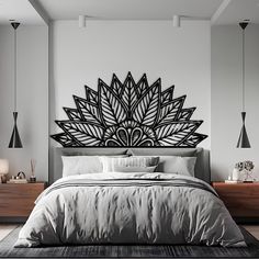 a bedroom with a large metal headboard on the wall next to a bed and nightstands