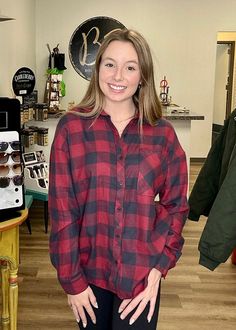 Keep warm in style wearing this oversized boyfriend flannel. Crafted from a lightweight, soft fabric, this classic shirt features a button front, a chest pocket and a turn down collar, making it perfect for every chilly day. Shirt comes in two different colors to choose from. With the drop shoulder construction, it's the perfect addition to your wardrobe. Layer it over any outfit for a timeless look! Classic Shirt, Keep Warm, Chest Pocket, Drop Shoulder, Soft Fabric, In Style, Soft Fabrics, Like New, Plaid