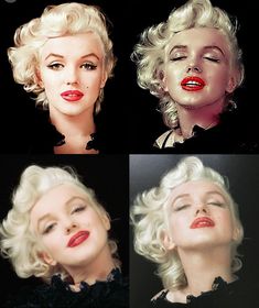 four photos of marilyn monroe with red lips