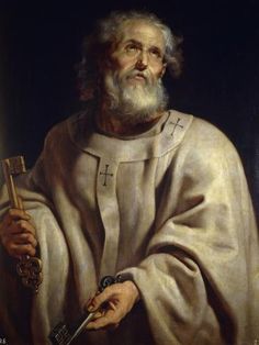 an old painting of a man with a cross on his arm and holding a key