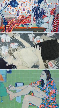 three different images of people in the bathroom and on the floor, with one woman laying down