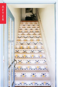 an open door leading up to a set of stairs with flowers on them and the words after