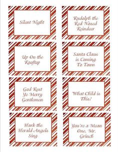 four red and white striped labels with the words silent night, santa claus is coming to town