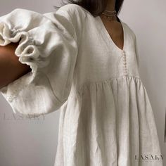 Lasaky - Cotton-Linen Round Neck Lantern Sleeves Loose Dress Lace Lanterns, Backless Evening Dress, Linen Dress Women, French Dress, Lantern Sleeve Dress, Cotton Linen Dresses, Linen Mini Dress, Costume Intero, Long Sleeve Short Dress