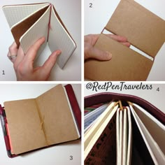 four pictures showing how to fold an open book