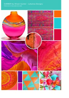 the cover of an art book with images of colorful objects and colors in it, including pink