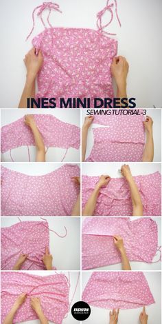 the instructions to make a dress with pink flowers and white polka dots on it, including sewing