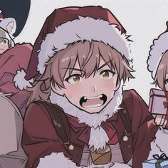 two anime characters wearing santa hats and holding presents in their hands, with one looking at the camera